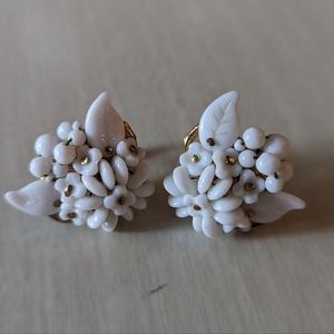 Vintage W Germany Glass white flowers Earrings - Screwback